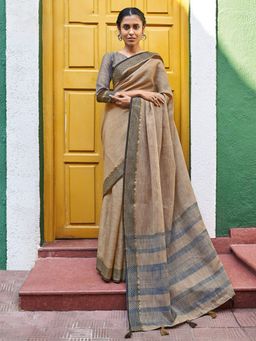 EXCLUSIVA - Beige Linen Saree with Unstitched Blouse