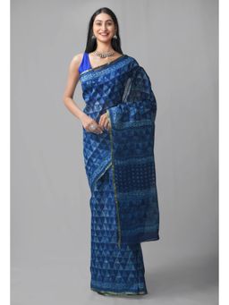 Unnati Silks - Indigo Pure Preet Dabu Mulmul Cotton Saree with Unstitched Blouse