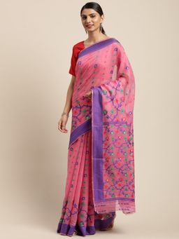 Vastranand - Pink & Blue Woven Design Jamdani Saree with Unstitched Blouse