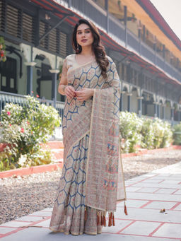 ALMAARI FASHION - Printed Floral Handloom Saree with Stylish Tassel Finish & Unstitched Blouse