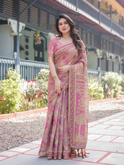 ALMAARI FASHION - Handloom Saree with Artistic Floral Print and Tassels & Unstitched Blouse