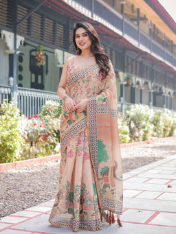 ALMAARI FASHION - Designer Floral Print Handloom Saree with Tassel Pallu & Unstitched Blouse