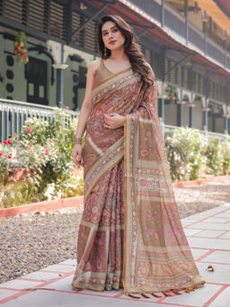 ALMAARI FASHION - Pastel Floral Handloom Saree with Pallu Tassels & Unstitched Blouse