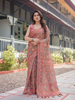 ALMAARI FASHION - Ethnic Handloom Saree with Colorful Floral Print & Unstitched Blouse