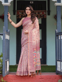 ALMAARI FASHION - Premium Floral Print Handloom Saree with Pallu Tassels & Unstitched Blouse