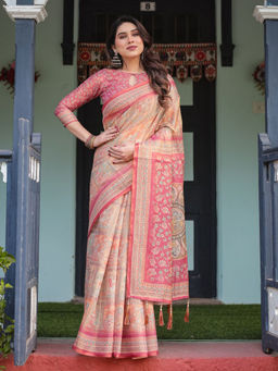 ALMAARI FASHION - Printed Handloom Saree for Women with Floral Design and Tassels & Unstitched Blouse