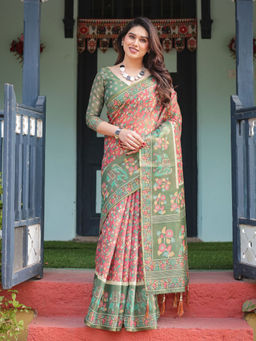 ALMAARI FASHION - Stylish Handloom Saree with Floral Digital Print and Tassels & Unstitched Blouse