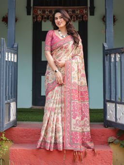 ALMAARI FASHION - Festive Ready Handloom Saree with Floral Artwork & Unstitched Blouse