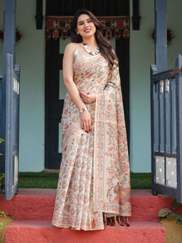ALMAARI FASHION - Elegant Handloom Saree with Floral Print and Tassel Edges & Unstitched Blouse