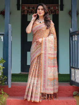 ALMAARI FASHION - Pure Handloom Saree with Floral Print and Designer Tassels & Unstitched Blouse