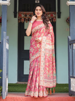 ALMAARI FASHION - Traditional Handloom Floral Saree with Tassel Detailing & Unstitched Blouse