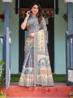 ALMAARI FASHION - Soft Handloom Floral Saree with Tassels & Unstitched Blouse