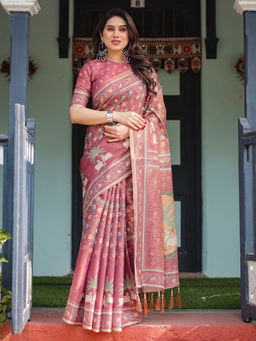 ALMAARI FASHION - Handloom Saree with Artistic Floral Print and Tassels & Unstitched Blouse