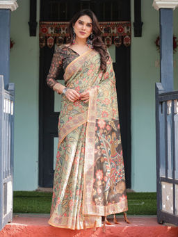 ALMAARI FASHION - Handloom Saree with Digital Floral Print and Tassels & Unstitched Blouse