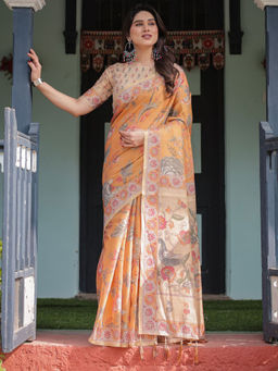 ALMAARI FASHION - Pastel Floral Handloom Saree with Pallu Tassels & Unstitched Blouse
