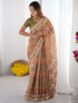 ALMAARI FASHION - Ethnic Handloom Saree with Colorful Floral Print & Unstitched Blouse