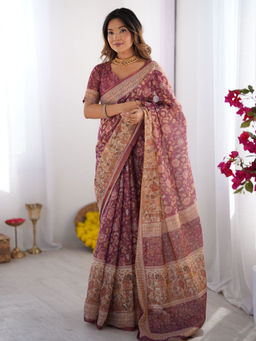 ALMAARI FASHION - Blend Handloom Saree with Floral Motif and Tassel Border & Unstitched Blouse