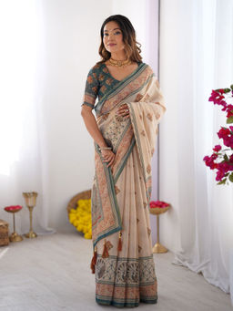 ALMAARI FASHION - Printed Handloom Saree for Women with Floral Design and Tassels & Unstitched Blouse