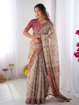 ALMAARI FASHION - Stylish Handloom Saree with Floral Digital Print and Tassels & Unstitched Blouse