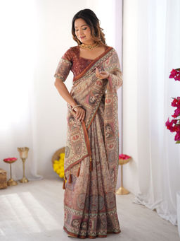 ALMAARI FASHION - Festive Ready Handloom Saree with Floral Artwork & Unstitched Blouse