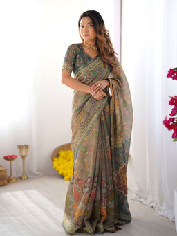 ALMAARI FASHION - Handloom Floral Printed Saree with Tassels & Unstitched Blouse