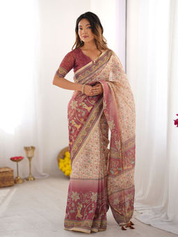 ALMAARI FASHION - Pure Handloom Saree with Floral Print and Designer Tassels & Unstitched Blouse