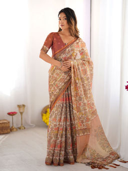 ALMAARI FASHION - Floral Printed Saree In Handloom Weave & Unstitched Blouse