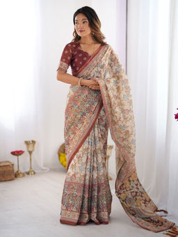 ALMAARI FASHION - Traditional Handloom Floral Saree with Tassel Detailing & Unstitched Blouse