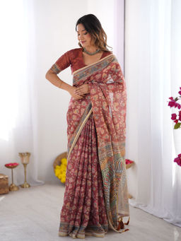 ALMAARI FASHION - Printed Floral Handloom Saree with Stylish Tassel Finish & Unstitched Blouse
