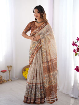 ALMAARI FASHION - Handloom Saree with Artistic Floral Print and Tassels & Unstitched Blouse