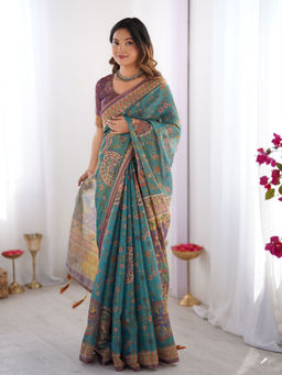 ALMAARI FASHION - Designer Floral Print Handloom Saree with Tassel Pallu & Unstitched Blouse