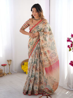 ALMAARI FASHION - Handloom Saree with Digital Floral Print and Tassels & Unstitched Blouse