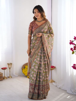 ALMAARI FASHION - Pastel Floral Handloom Saree with Pallu Tassels & Unstitched Blouse