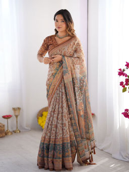 ALMAARI FASHION - Ethnic Handloom Saree with Colorful Floral Print & Unstitched Blouse