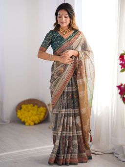 ALMAARI FASHION - Blend Handloom Saree with Floral Motif and Tassel Border & Unstitched Blouse