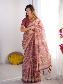 ALMAARI FASHION - Premium Floral Print Handloom Saree with Pallu Tassels & Unstitched Blouse