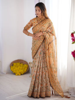 ALMAARI FASHION - Printed Handloom Saree for Women with Floral Design and Tassels & Unstitched Blouse