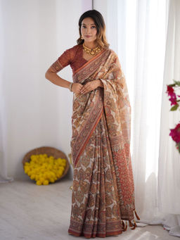 ALMAARI FASHION - Soft Handloom Saree with Floral Print and Tassel Edges & Unstitched Blouse