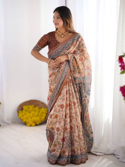 ALMAARI FASHION - Stylish Handloom Saree with Floral Digital Print and Tassels & Unstitched Blouse