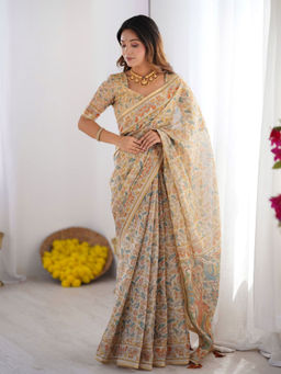 ALMAARI FASHION - Festive Ready Handloom Saree with Floral Artwork & Unstitched Blouse