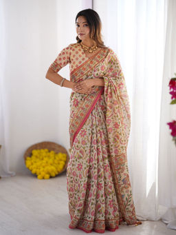 ALMAARI FASHION - Handloom Floral Printed Saree with Tassels & Unstitched Blouse