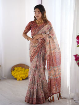 ALMAARI FASHION - Elegant Handloom Saree with Floral Print and Tassel Edges & Unstitched Blouse