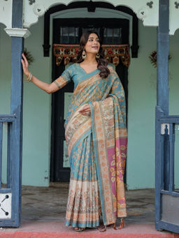 ALMAARI FASHION - Pure Handloom Saree with Floral Print and Designer Tassels & Unstitched Blouse