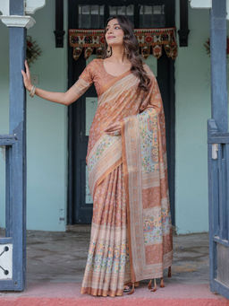 ALMAARI FASHION - Floral Printed Saree In Handloom Weave & Unstitched Blouse