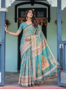 ALMAARI FASHION - Traditional Handloom Floral Saree with Tassel Detailing & Unstitched Blouse