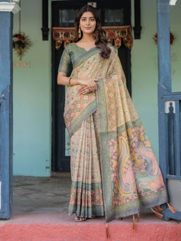 ALMAARI FASHION - Soft Handloom Floral Saree with Tassels & Unstitched Blouse