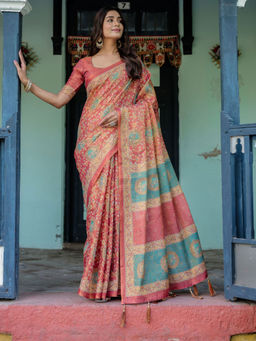 ALMAARI FASHION - Printed Floral Handloom Saree with Stylish Tassel Finish & Unstitched Blouse