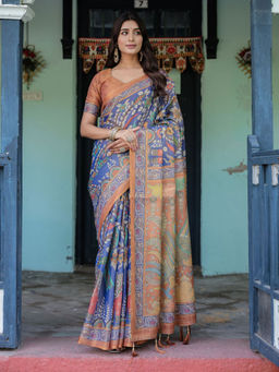 ALMAARI FASHION - Handloom Saree with Artistic Floral Print and Tassels & Unstitched Blouse