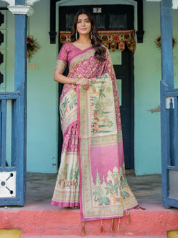 ALMAARI FASHION - Designer Floral Print Handloom Saree with Tassel Pallu & Unstitched Blouse