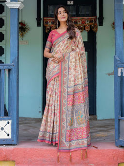 ALMAARI FASHION - Pastel Floral Handloom Saree with Pallu Tassels & Unstitched Blouse